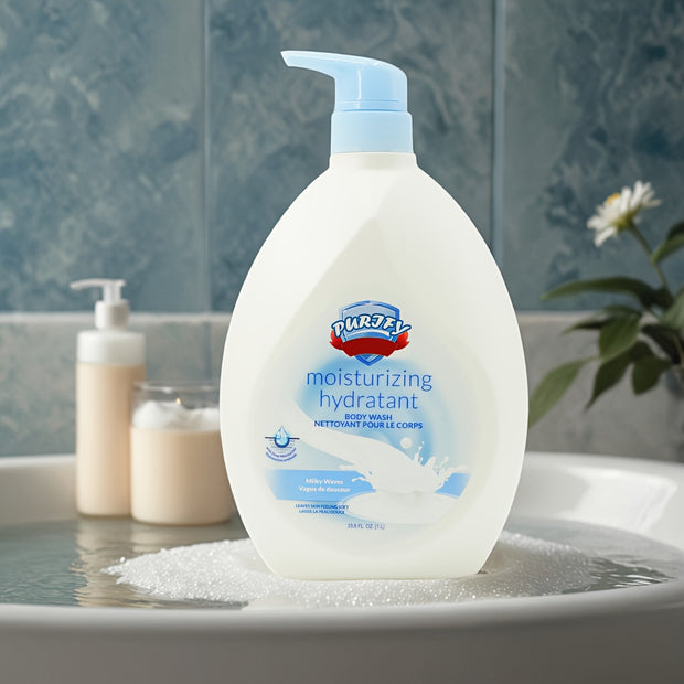 1pc Milky Waves Hydrating Body Wash - 33.8oz/1000ml Large Size, Gentle Formula with Glycerin & Milk Extract, Deep Cleansing & Moisturizing, Leaves Skin Soft & Smooth, Long-Lasting Fresh Scent, Paraben-Free, Suitable for All S