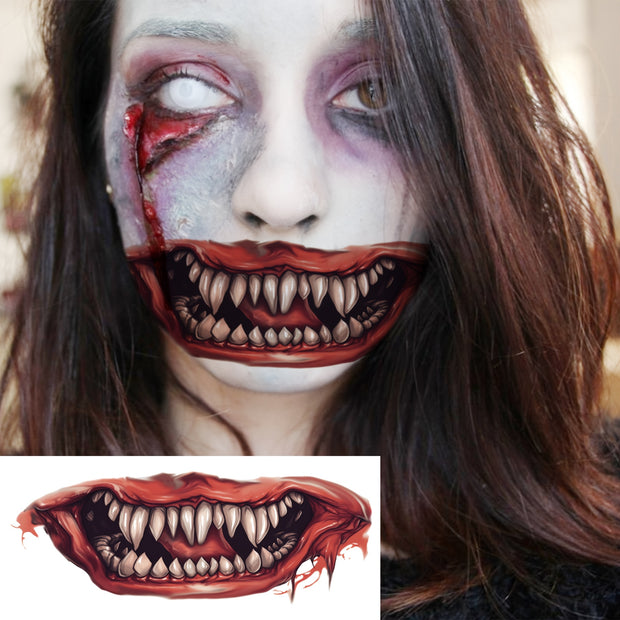 6pcs Horror Clown Fang Temporary Tattoos for Men and Women, Adult Halloween Costume, Terrifying Bloody Monster Big Mouth Sharp Teeth Facial Fake Tattoo Stickers Long-Lasting Waterproof Vampire Zombie Makeup Tattoo Face Decals