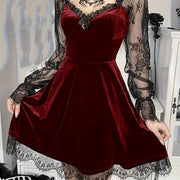 Halloween Waist-Cinching Dress, Gothic Dark Style Contrast Lace Long-Sleeve A-Line Party Performance Costume