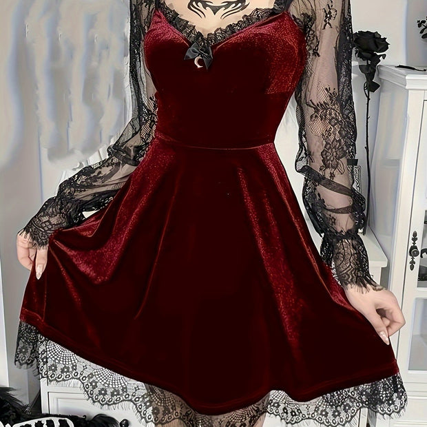 Halloween Waist-Cinching Dress, Gothic Dark Style Contrast Lace Long-Sleeve A-Line Party Performance Costume