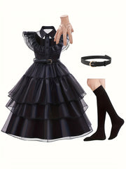 Girls' V-Neck Ruffle Button Solid Color High Neck Black Dress Long Skirt Cosplay Princess Birthday Party Christmas Halloween Dance Party Dress with Wig, Stockings, Necklace Set and Gloves 5pcs Set