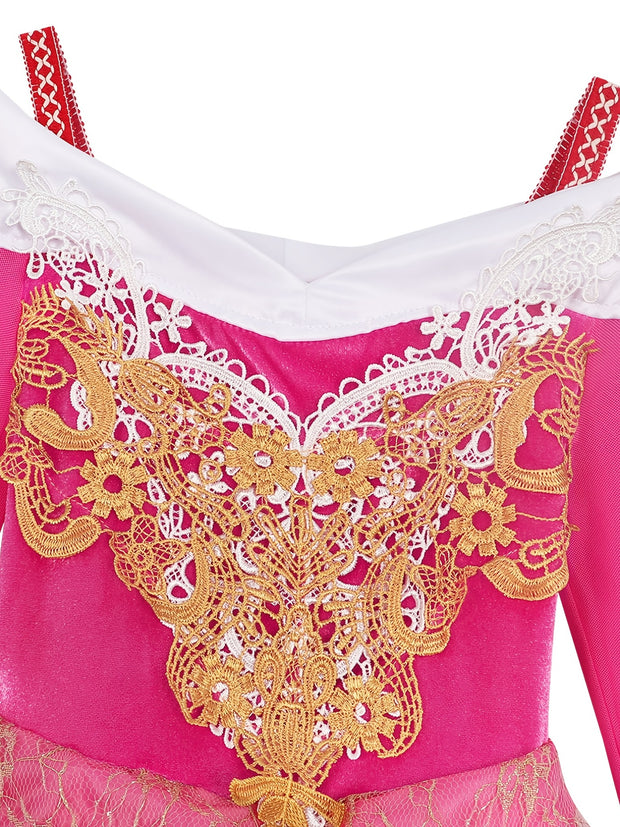 Elegant Pink Princess Dress for Girls - Long Sleeve, Lace Detail, Tulle Skirt with Golden Embroidery - Perfect for Spring, Fall, Halloween, and Christmas Parties, Halloween Costume | Elegant Lace Dress | Detailed Embroidery,