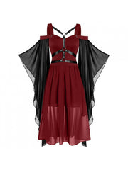 Plus Size, Women's Plus Size Gothic Halloween Witch Dress with Strapless Tie-Waist, Bell Sleeves & Irregular Patchwork - Long A-Line Skirt, Lace-like Hem, Machine Washable Elegant Party & Everyday Maxi Dress