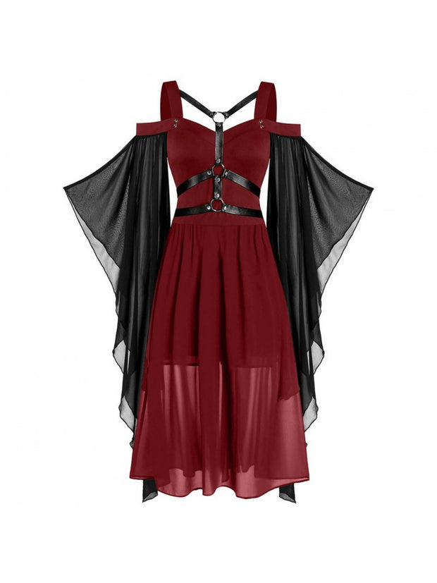 Plus Size, Women's Plus Size Gothic Halloween Witch Dress with Strapless Tie-Waist, Bell Sleeves & Irregular Patchwork - Long A-Line Skirt, Lace-like Hem, Machine Washable Elegant Party & Everyday Maxi Dress