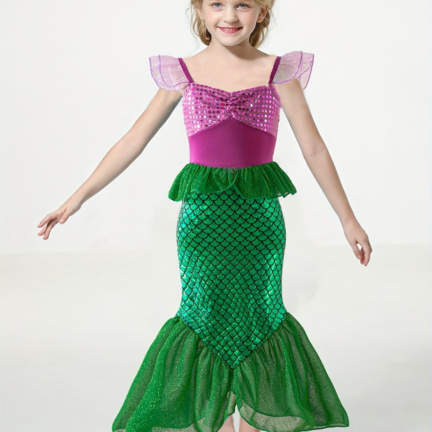 Mermaid Princess Dress with Fish Scale Print, Featuring Flutter Sleeves And a Strap Design, Perfect for Princess Parties And As a Gift for Festivals.