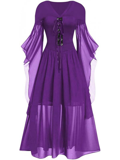 Plus Size - Plus Size, Women'S Plus Size Gothic Halloween Party dress - Elegant Vintage Victorian - Three-Quarter Trumpet Sleeves, Formal Costume - Flared Hem - Non-See-Through Fabric - Year-Round Gothic Outfit - Easy to Styl