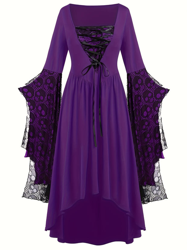 Plus Size, Women's Gothic Plus Size Elegant Witch Dress with Skull & Bat Lace Sleeves, A-Line Floor-Length Formal Halloween Costume, Machine Washable All-Season Party Dress with Belted Waist & Ruffled Hem - Victorian-Style St