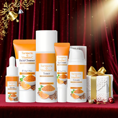 Natural Turmeric & Vitamin C 5pcs Skincare Set, Sensitive Light Beige Friendly, with Cleanser, Toner, Eye Cream, Serum, Moisurizer, Perfect Gift for Women, Affordable Beauty Gift Set, Best for Christmas, Perfect for Thanksgiv