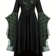Plus Size, Women's Gothic Plus Size Elegant Witch Dress with Skull & Bat Lace Sleeves, A-Line Floor-Length Formal Halloween Costume, Machine Washable All-Season Party Dress with Belted Waist & Ruffled Hem - Victorian-Style St