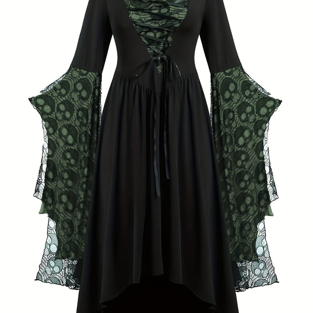 Plus Size, Women's Gothic Plus Size Elegant Witch Dress with Skull & Bat Lace Sleeves, A-Line Floor-Length Formal Halloween Costume, Machine Washable All-Season Party Dress with Belted Waist & Ruffled Hem - Victorian-Style St