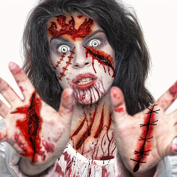 9 Sheets Scary Fake Blood Tattoos - Realistic Bloody Wound Decals with Stitched Wounds, Bleeding Effect & Faux Blood Splatter for Halloween Costume Makeup, Cosplay, Theater - Long-Lasting Waterproof Temporary Tattoos for Adul