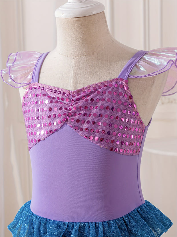Mermaid Princess Dress with Fish Scale Print, Featuring Flutter Sleeves And a Strap Design, Perfect for Princess Parties And As a Gift for Festivals.