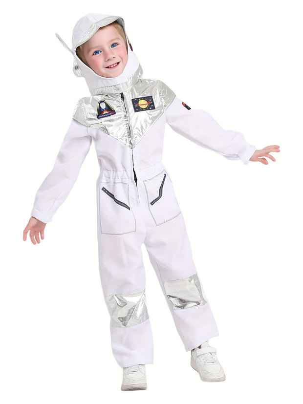 Boys Girls Space Astronaut Jumpsuit & Helmet Set Suitable for Halloween, Carnival, Space-Themed Parties