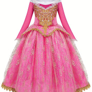 Elegant Pink Princess Dress for Girls - Long Sleeve, Lace Detail, Tulle Skirt with Golden Embroidery - Perfect for Spring, Fall, Halloween, and Christmas Parties, Halloween Costume | Elegant Lace Dress | Detailed Embroidery,
