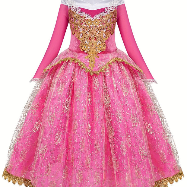 Elegant Pink Princess Dress for Girls - Long Sleeve, Lace Detail, Tulle Skirt with Golden Embroidery - Perfect for Spring, Fall, Halloween, and Christmas Parties, Halloween Costume | Elegant Lace Dress | Detailed Embroidery,