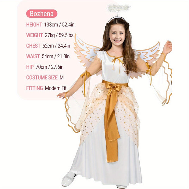 SYNCFUN Halloween Angel Costume for Girls - Golden & White Polyester Dress with Wings, Belt, and Tulle Skirt for Halloween RolePlay Themed Parties, Halloween Costume, Halloween Party Attire, Decorative Belt, Smooth Texture Fa