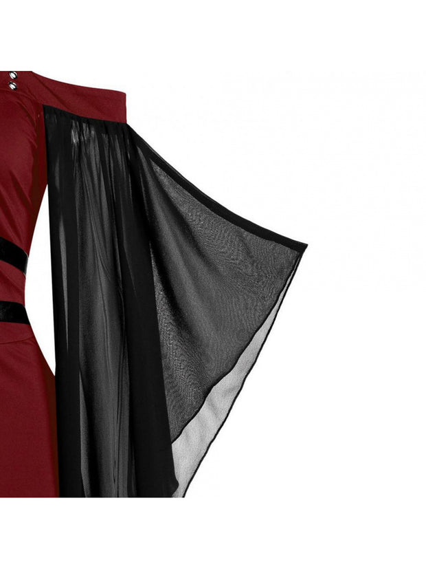 Plus Size, Women's Plus Size Gothic Halloween Witch Dress with Strapless Tie-Waist, Bell Sleeves & Irregular Patchwork - Long A-Line Skirt, Lace-like Hem, Machine Washable Elegant Party & Everyday Maxi Dress