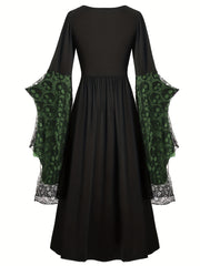Plus Size, Women's Gothic Plus Size Elegant Witch Dress with Skull & Bat Lace Sleeves, A-Line Floor-Length Formal Halloween Costume, Machine Washable All-Season Party Dress with Belted Waist & Ruffled Hem - Victorian-Style St