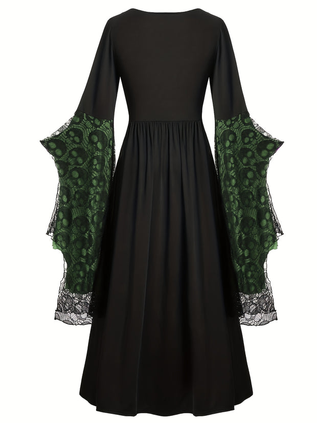 Plus Size, Women's Gothic Plus Size Elegant Witch Dress with Skull & Bat Lace Sleeves, A-Line Floor-Length Formal Halloween Costume, Machine Washable All-Season Party Dress with Belted Waist & Ruffled Hem - Victorian-Style St