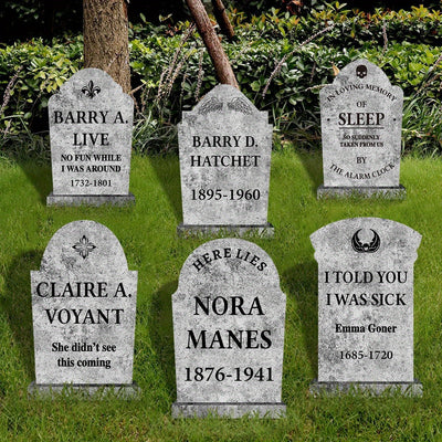 2D Flat - Set of 6 Large, Realistic Tombstone Decorations for Halloween, Designed for Outdoor Use in a Graveyard Theme. These Vintage Gravestones Are Waterproof And Come with Stakes for Easy Setup in Your Yard.