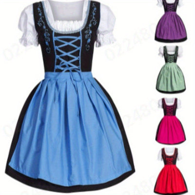 Women'S Bavarian Maid Costume - Oktoberfest & Halloween Party Outfit with Sleeveless Ruffle Lace Top, Flared Skirt - Elegant German Festival Attire for Themed Events, Cosplay, Photo Shoots - Easy-Care Polyester Costume, Cospl