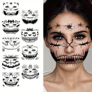 9 Sheets FTVLTAT Waterproof Temporary Face Tattoos - Gothic Skull & Bat Wing Stickers with Spider Web & Bone Structure | Realistic Black & White Face Paint for Halloween Party Makeup, Witches, Gothic Events | Easy Application