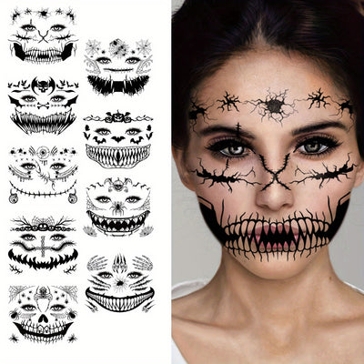 9 Sheets FTVLTAT Waterproof Temporary Face Tattoos - Gothic Skull & Bat Wing Stickers with Spider Web & Bone Structure | Realistic Black & White Face Paint for Halloween Party Makeup, Witches, Gothic Events | Easy Application