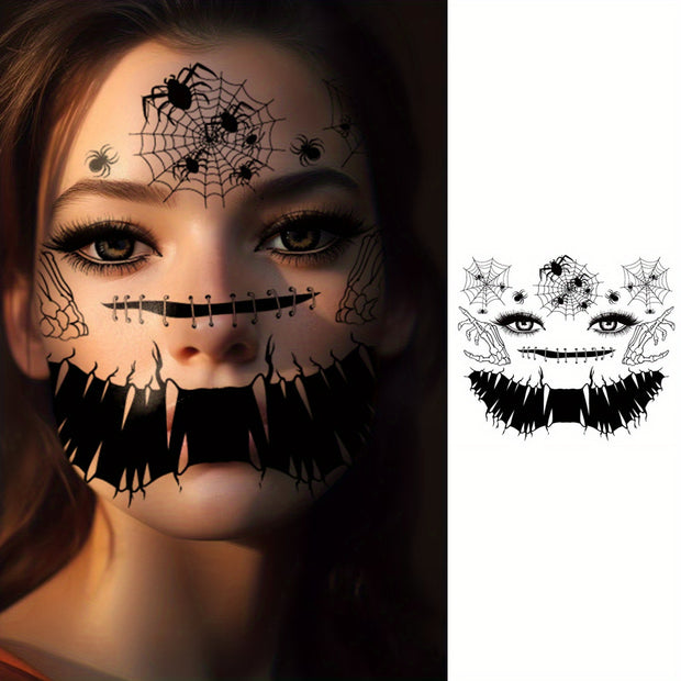 9 Sheets FTVLTAT Waterproof Temporary Face Tattoos - Gothic Skull & Bat Wing Stickers with Spider Web & Bone Structure | Realistic Black & White Face Paint for Halloween Party Makeup, Witches, Gothic Events | Easy Application