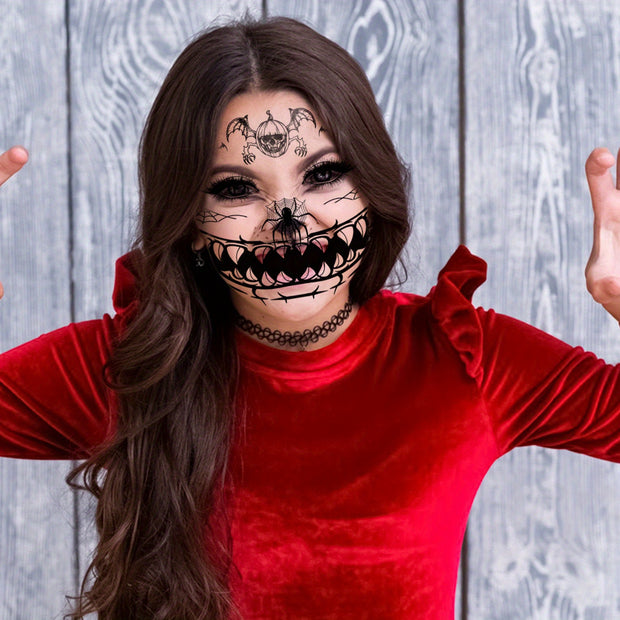 9 Sheets FTVLTAT Waterproof Temporary Face Tattoos - Gothic Skull & Bat Wing Stickers with Spider Web & Bone Structure | Realistic Black & White Face Paint for Halloween Party Makeup, Witches, Gothic Events | Easy Application