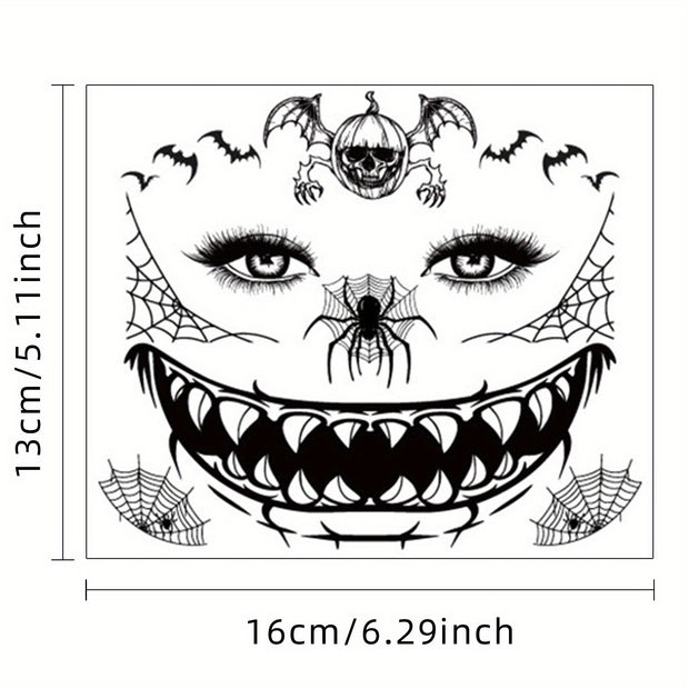 9 Sheets FTVLTAT Waterproof Temporary Face Tattoos - Gothic Skull & Bat Wing Stickers with Spider Web & Bone Structure | Realistic Black & White Face Paint for Halloween Party Makeup, Witches, Gothic Events | Easy Application
