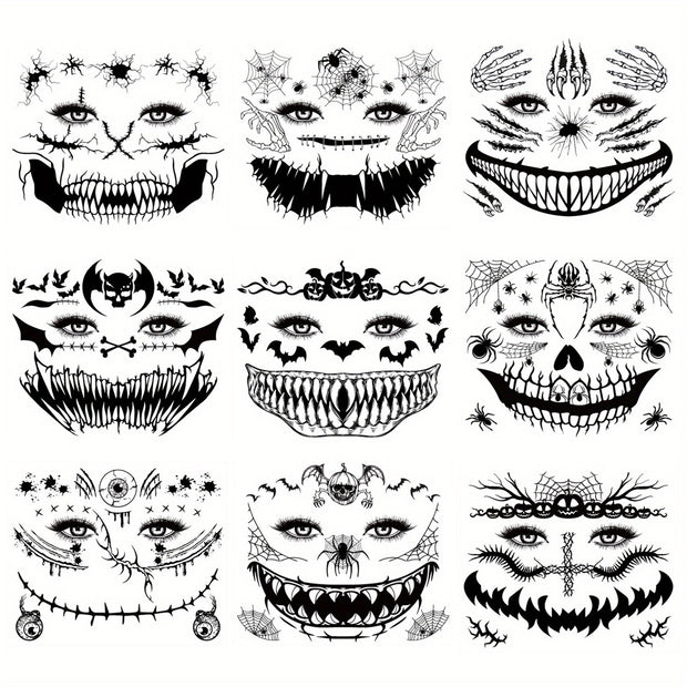 9 Sheets FTVLTAT Waterproof Temporary Face Tattoos - Gothic Skull & Bat Wing Stickers with Spider Web & Bone Structure | Realistic Black & White Face Paint for Halloween Party Makeup, Witches, Gothic Events | Easy Application