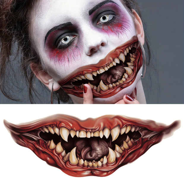 6pcs Horror Clown Fang Temporary Tattoos for Men and Women, Adult Halloween Costume, Terrifying Bloody Monster Big Mouth Sharp Teeth Facial Fake Tattoo Stickers Long-Lasting Waterproof Vampire Zombie Makeup Tattoo Face Decals