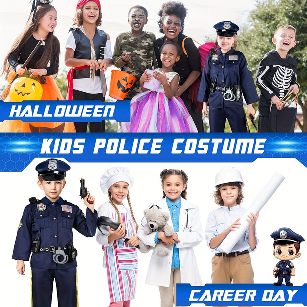 12pcs Deluxe Police Costume For Kids With Accessories, Police Officer Costume For Kids - Kids Halloween Costumes For Boys Girls, Cop Costume Role Play Kit For Halloween Career Day