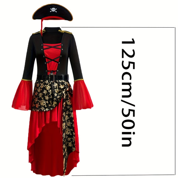 Halloween Costume Makeup Dance Red Pirate Dress Adult Women's Halloween Carnival Pirate Performance Clothes + Belt + Hat