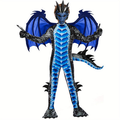 SYNCFUN Halloween Dragon Costume for Kids - Blue & Black Winged Dragon with Tail & Mask Set, All-Season Dress Up for Boys, Halloween Costume, Festive Attire, Detailed Craftsmanship, Durable Fabric, Best for Christmas, Perfect
