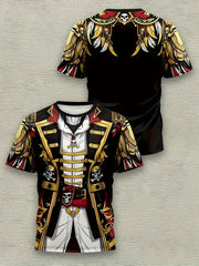 Men'S Pirate Costume Jacket T-Shirt - Plus Size Available - Black & Golden Pirate Skull Graphic, Breathable Quick-Dry Fabric for Halloween, Cosplay, Themed Parties - Lightweight Summer Shirt for Adults, Pirate Costume, Casual