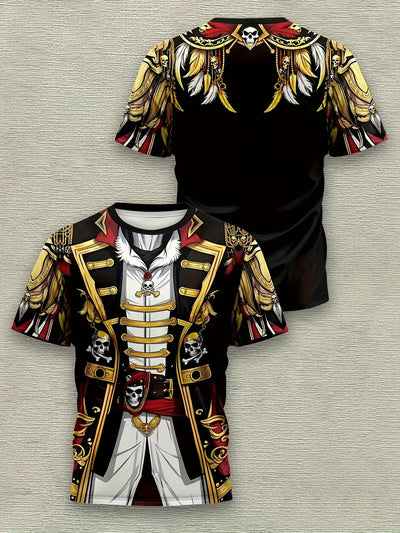 Men'S Pirate Costume Jacket T-Shirt - Plus Size Available - Black & Golden Pirate Skull Graphic, Breathable Quick-Dry Fabric for Halloween, Cosplay, Themed Parties - Lightweight Summer Shirt for Adults, Pirate Costume, Casual