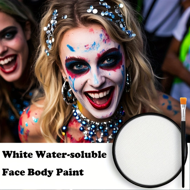 White Water-Soluble Face & Body Paint with Brushes - Halloween Skeleton, Zombie, Vampire & Skull Designs for Christmas, Mardi Gras & Cosplay Parties - Easy Application Paste For
