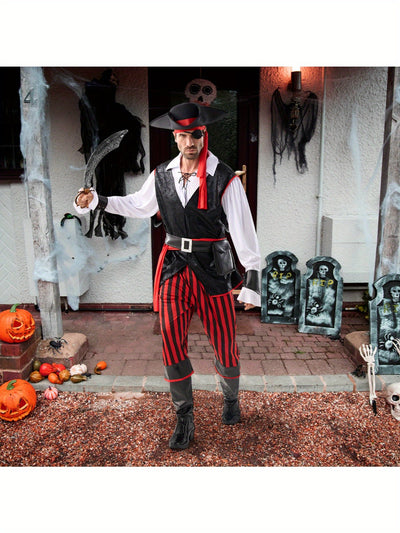 JOYFY Men'S Pirate Costume - Vintage Caribbean Sea Captain Robber Outfit with Striped Pants, Black Hat & Belt, Non-Stretch Fabric for Halloween Parties & Themed Events, Pirate Costume Accessories, Themed Event Attire, Decorat