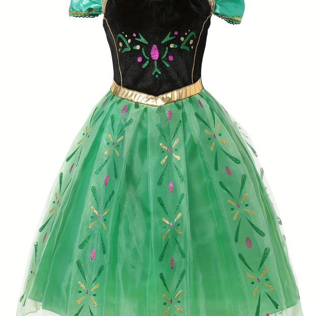 Girls' Bubble Sleeve Mesh Patchwork Print Dress, Long Princess Gown for Birthday Party, Christmas, Halloween Carnival, and Costume Ball