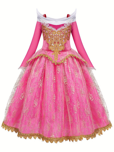 Elegant Pink Princess Dress for Girls - Long Sleeve, Lace Detail, Tulle Skirt with Golden Embroidery - Perfect for Spring, Fall, Halloween, and Christmas Parties, Halloween Costume | Elegant Lace Dress | Detailed Embroidery,