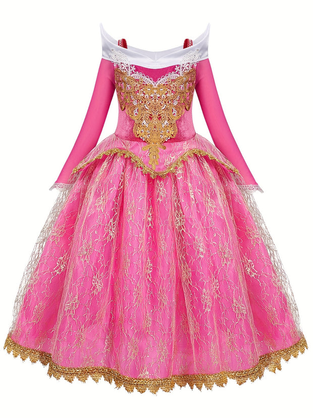 Elegant Pink Princess Dress for Girls - Long Sleeve, Lace Detail, Tulle Skirt with Golden Embroidery - Perfect for Spring, Fall, Halloween, and Christmas Parties, Halloween Costume | Elegant Lace Dress | Detailed Embroidery,