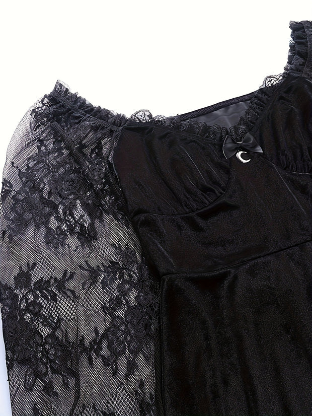 Plus Size, Dark European Hip-Hop Style Contrast Lace Fashion Bustier Flare Sleeve Plus Size Dress