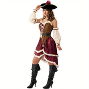 Women'S Pirate Costume Dress with Matching Hat - Elegant Burgundy & Golden Pirate Outfit, Flared Skirt for Halloween, Themed Parties, Cosplay - Pirate Party Attire for Adults, Pirate Costume Accessories, Themed Event Attire,
