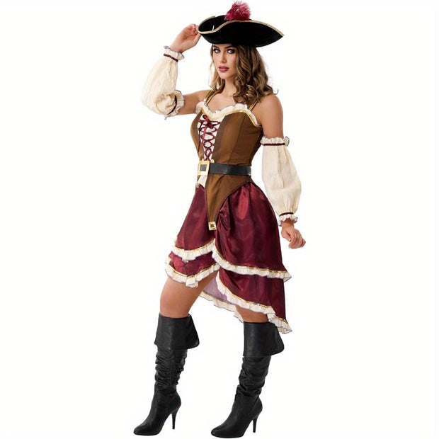 Women'S Pirate Costume Dress with Matching Hat - Elegant Burgundy & Golden Pirate Outfit, Flared Skirt for Halloween, Themed Parties, Cosplay - Pirate Party Attire for Adults, Pirate Costume Accessories, Themed Event Attire,