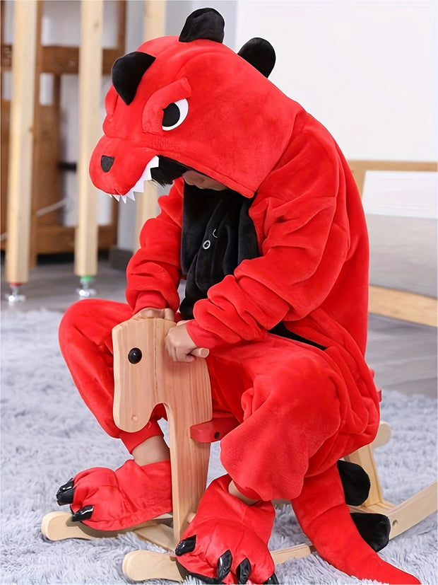 1pc Boys Cozy Dinosaur Hooded Jumpsuit for Halloween Parties, Boys Clothes, family Valentine's Day themed
