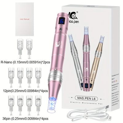 6 Level Adjustable Electric Wireless Derma Pen/Mas Pen with 10pcs Screw Replacement Tips 0.25mm, 500mAh Built-in Battery, Great At-home Skincare Tool