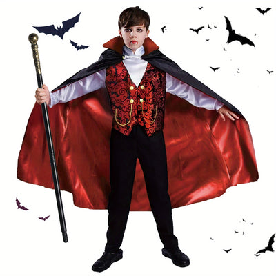 Kids' Complete Vampire Costume Set with Cape, Shirt, Pants & Magic Wand - Red & Black Halloween Outfit for Boys & Girls 3-12 Years, Role Play Dressing for Halloween & Christmas Decorations, Kids Halloween Costume, Plus Size H