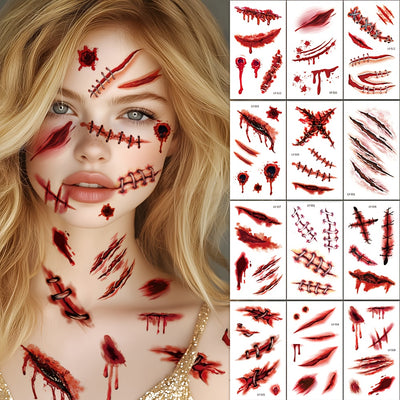 12 Sheets Halloween 3D Fake & Bloody Wound Temporary Tattoos for Adults - Realistic Horror Face & Body Paint with Lip, Jaw, Neck, Back, Leg Designs - Safe Non-Permanent Tattoo Makeup for Zombie Cosplay, Costume Parties & Pran