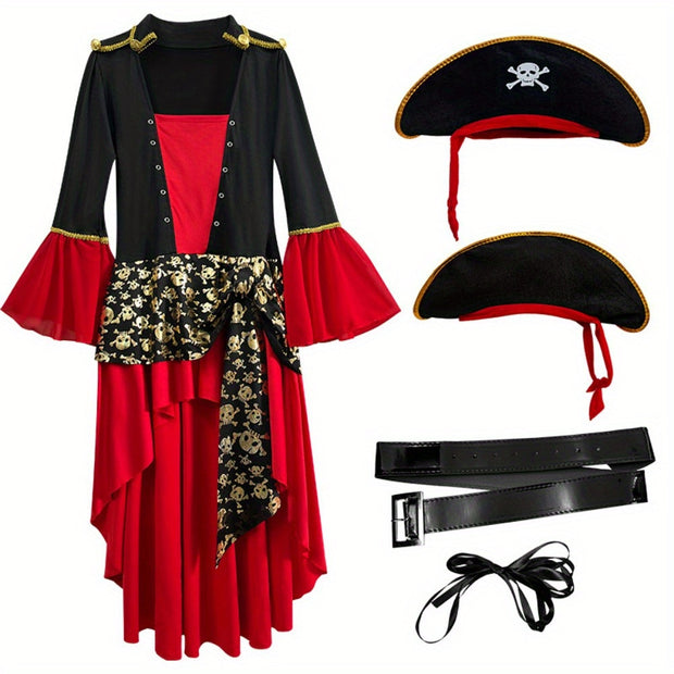 Halloween Costume Makeup Dance Red Pirate Dress Adult Women's Halloween Carnival Pirate Performance Clothes + Belt + Hat